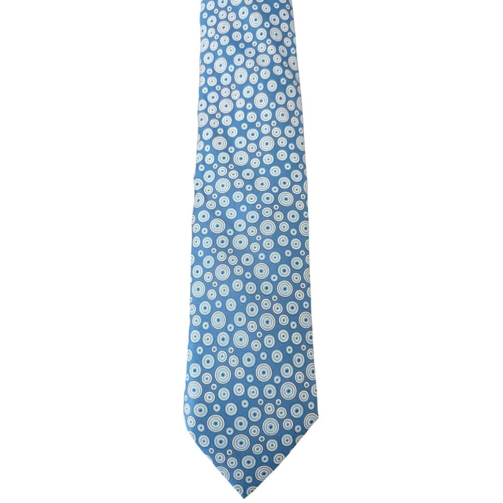 Vintage Hermès 100% Silk Men's Blue Tie With Blue & Cream Circles